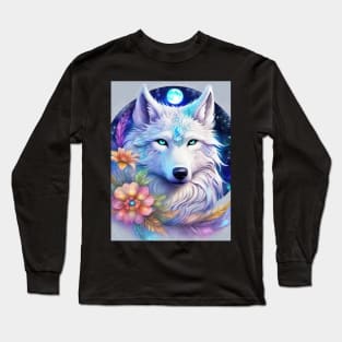 Mystical Wolf with Flowers, Full Moon, Colorful Long Sleeve T-Shirt